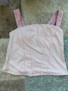 Women’s Pink Gingham Bustier Pilates Yoga Athleisure Workout Top Floral - XL